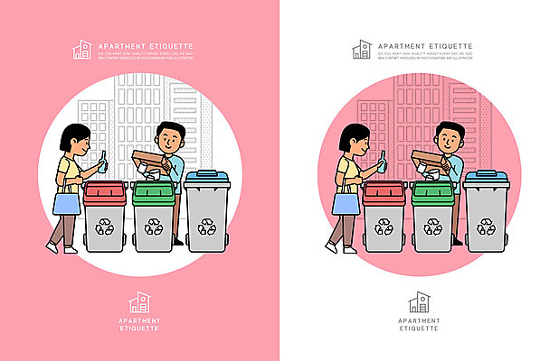 전신 여자 남자 분홍색 일러스트 아파트 주택 들기 여러명 성인 걷기 예절 버리기 분리수거 매너 분리수거함 공동주택 성인만 분리수거장 국내일러스트 AI파일 컬러 다수 모션 사람 건물 쓰레기장 수거함 파일형식 벡터