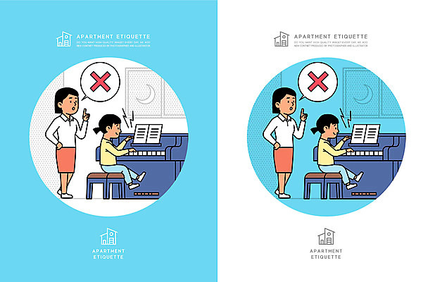 전신 여자 어린이 하늘색 말풍선 연주 일러스트 창문 아파트 주택 서기 앉기 소녀 여러명 성인 금지 예절 피아노 야간 매너 공동주택 층간소음 여자만 국내일러스트 AI파일 자연요소 음악 다수 모션 사람 건물 파란색 건반악기 소음 파일형식 벡터