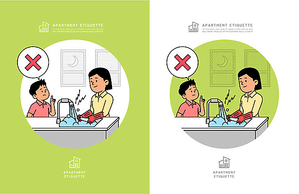 여자 남자 어린이 말풍선 일러스트 창문 아파트 주택 소년 여러명 상반신 성인 연두색 금지 예절 야간 설거지 매너 공동주택 층간소음 국내일러스트 AI파일 자연요소 다수 가사 사람 건물 초록색 소음 파일형식 벡터
