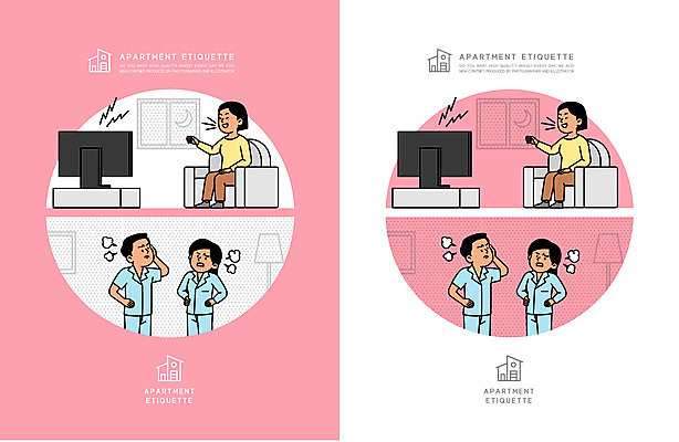 전신 여자 남자 분홍색 일러스트 아파트 주택 앉기 여러명 상반신 성인 소파 텔레비전 분노 예절 야간 티비시청 소음 매너 공동주택 층간소음 성인만 국내일러스트 AI파일 자연요소 감정 컬러 다수 의자 모션 사람 건물 전자제품 소리 시청_보고들음 파일형식 벡터