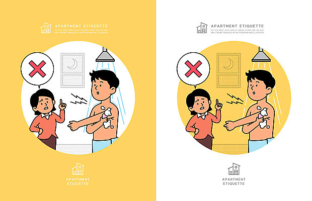 여자 남자 허리손 말풍선 일러스트 아파트 주택 여러명 상반신 성인 노란색 목욕 금지 가리킴 예절 야간 샤워기 매너 공동주택 성인만 국내일러스트 AI파일 자연요소 컬러 포즈 다수 사람 손짓 건물 청결 파일형식 벡터