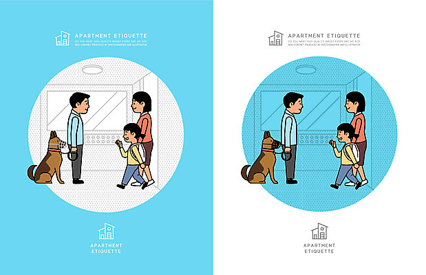 전신 한마리 여자 남자 반려견 어린이 하늘색 일러스트 아파트 주택 서기 소녀 여러명 성인 걷기 예절 인사 강아지 엘리베이터 목줄 매너 공동주택 반려 입마개 국내일러스트 AI파일 1 다수 모션 사람 건물 파란색 반려동물 개 파일형식 벡터 반려용품