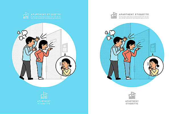전신 여자 남자 어린이 하늘색 말풍선 일러스트 아파트 주택 서기 소녀 여러명 상반신 성인 분노 예절 현관문 싸움 매너 공동주택 항의 국내일러스트 AI파일 감정 다수 모션 사람 건물 파란색 문 파일형식 벡터