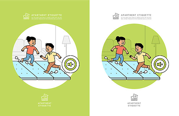 전신 여자 남자 어린이 일러스트 아파트 주택 소녀 소년 여러명 연두색 달리기 매트 예절 예방 매너 공동주택 층간소음 어린이만 국내일러스트 AI파일 다수 모션 사람 건물 초록색 소음 파일형식 벡터
