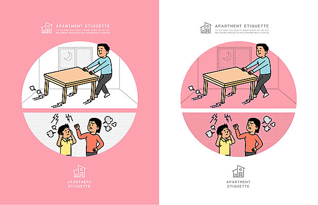 전신 여자 남자 어린이 분홍색 일러스트 탁자 아파트 주택 소년 여러명 상반신 성인 분노 예절 당기기 야간 귀막기 매너 공동주택 층간소음 국내일러스트 AI파일 자연요소 감정 컬러 가구 다수 모션 사람 손짓 건물 소음 파일형식 벡터