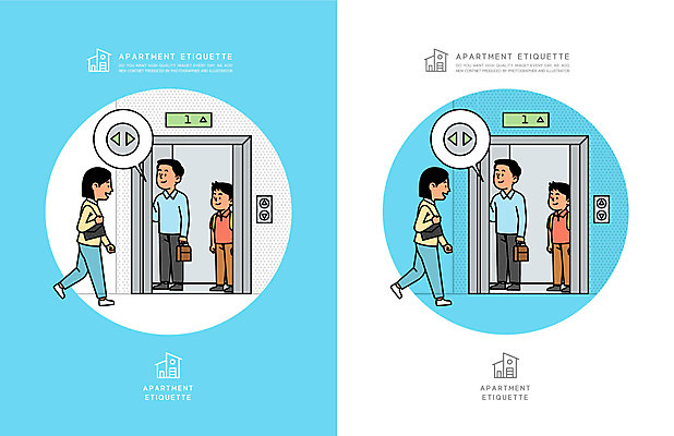 전신 여자 남자 어린이 하늘색 말풍선 일러스트 버튼 아파트 주택 서기 소년 여러명 성인 걷기 예절 기다림 엘리베이터 매너 공동주택 배려 국내일러스트 AI파일 다수 모션 사람 건물 파란색 파일형식 벡터