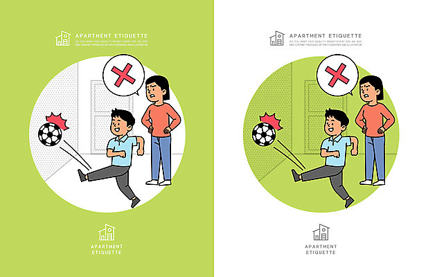 전신 여자 남자 어린이 허리손 말풍선 일러스트 축구공 아파트 주택 소년 여러명 성인 연두색 금지 예절 사회이슈 공놀이 매너 공동주택 공차기 층간소음 국내일러스트 AI파일 포즈 다수 컨셉 공 축구용품 모션 놀이 사람 건물 초록색 소음 파일형식 벡터