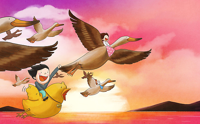 PSD 동물 구름 여자 남자 어린이라이프 어린이 바다 일러스트 상상 하늘 산 병아리 소녀 소년 두명 태양 노을 꿈 비행 즐거움 어린이세상 어린이상상 기러기 어린이만 동심 국내일러스트 자연요소 라이프스타일 감정 조류 사람 파일형식