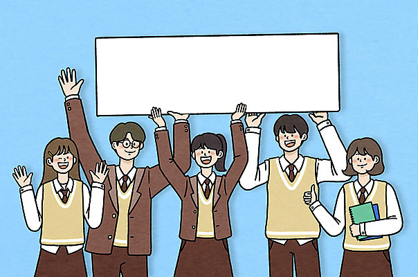 PSD 여학생 여자 남자 교복 남학생 일러스트 청소년 프레임 웃음 들기 여러명 책 공책 팻말 최고 손인사 환영 프레임일러스트 십대만 국내일러스트 학생 옷 다수 모션 문구용품 표정 사람 인사 파일형식