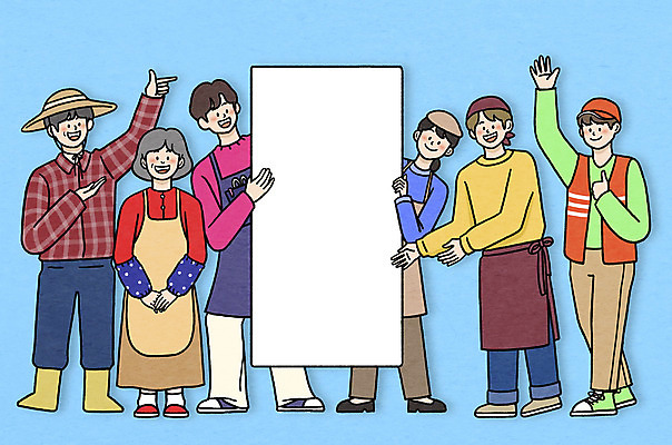 PSD 여자 노년 남자 일러스트 안내 프레임 웃음 들기 여러명 성인 앞치마 팻말 가리킴 최고 농부 미용사 꽃집 손인사 환영 아르바이트 카페주인 프레임일러스트 소상공인 국내일러스트 직업 다수 모션 표정 사람 손짓 경제 상점 인사 상인 주인 파일형식