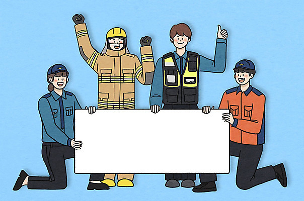 전신 PSD 여자 남자 일러스트 프레임 서기 웃음 들기 앉기 여러명 성인 파이팅 주먹 팻말 최고 경찰 소방관 경찰복 환영 방화복 프레임일러스트 성인만 순찰조끼 방호복 국내일러스트 직업 옷 다수 유니폼 모션 표정 사람 구조원 소방 파일형식