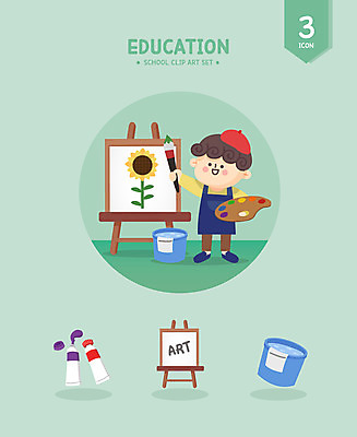 전신 어린이교육 남자 어린이 일러스트 학교 해바라기 교육캐릭터 미술 한명 들기 소년 초록색 물감 붓 팔레트 물통 이젤 그림 걸레 화가모자 소년한명만 일러캐릭터 AI파일 캐릭터 모자_잡화 1 교육 꽃 컬러 모션 문화예술 사람 미술도구 청소도구 남자한명만 소년만 파일형식 벡터