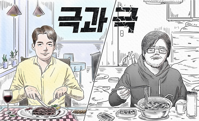 PSD 남자 포크 와인잔 일러스트 젓가락 주택 스테이크 들기 상반신 성인 타이포그라피 두명 컵 식당 레스토랑 깨끗함 라면 비교 나이프 지저분함 물통 양극 성인남자만 국내일러스트 문자 식기 음식 컨셉 술잔 모션 서양음식 수저 사람 건물 상점 면류 감각 칼 남자만 성인만 파일형식