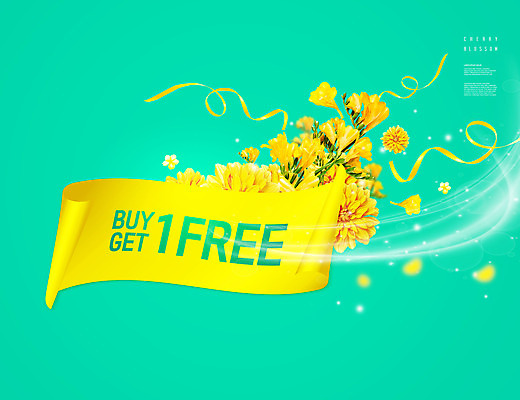 PSD 편집이미지 꽃잎 꽃 리본 타이포그라피 사람없음 쇼핑 노란색 낙화 원플러스원 프리지어 할인혜택 덤 프로모션 이미지편집 식물 문자 컬러 이벤트 세일 파일형식 혜택
