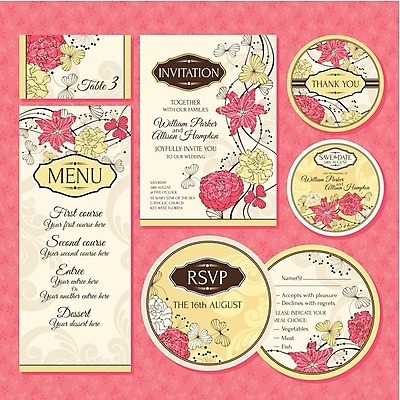 EPS 해외이미지 디자인 꽃 줄기 분홍색 결혼 일러스트 프레임 사람없음 세트 노란색 사각형 원형 청첩장 해외202004 해외202105 해외일러스트 도형 식물 컬러 카드_감사 이벤트 파일형식 벡터