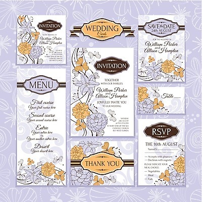 EPS 해외이미지 디자인 꽃 결혼 일러스트 프레임 사람없음 세트 노란색 사각형 보라색 청첩장 해외202004 해외202105 해외일러스트 도형 식물 컬러 카드_감사 이벤트 파일형식 벡터