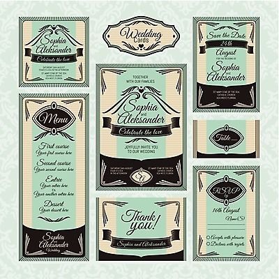 EPS 해외이미지 디자인 리본 결혼 일러스트 프레임 사람없음 세트 사각형 하트 빈티지 복고 엔틱문양 민트색 해외202004 해외202105 해외일러스트 모양 도형 문양 컬러 컨셉 이벤트 파일형식 벡터