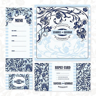 EPS 해외이미지 식물 디자인 꽃 하늘색 결혼 잎 일러스트 프레임 사람없음 세트 사각형 빈티지 감사카드 청첩장 복고 엔틱문양 해외202004 해외202105 해외일러스트 도형 문양 컨셉 카드_감사 이벤트 파란색 파일형식 벡터