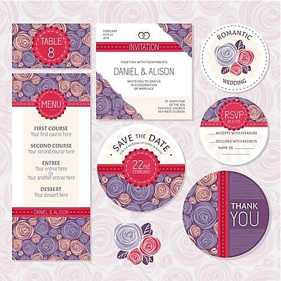 EPS 해외이미지 디자인 꽃 리본 결혼 잎 일러스트 프레임 사람없음 세트 사각형 보라색 원형 청첩장 해외202004 해외202105 해외일러스트 도형 식물 컬러 카드_감사 이벤트 파일형식 벡터
