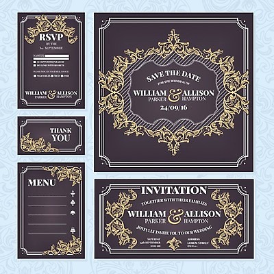 EPS 해외이미지 디자인 결혼 일러스트 프레임 사람없음 세트 사각형 빈티지 남색 청첩장 복고 엔틱문양 해외202004 해외202105 해외일러스트 도형 문양 컬러 컨셉 카드_감사 이벤트 파일형식 벡터