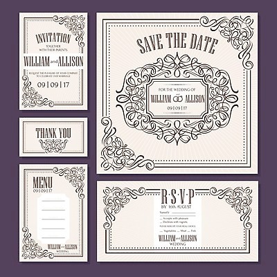 EPS 해외이미지 디자인 결혼 일러스트 프레임 사람없음 세트 사각형 빈티지 청첩장 복고 결혼반지 엔틱문양 베이지색 해외202004 해외202105 해외일러스트 도형 문양 컬러 컨셉 카드_감사 이벤트 반지 파일형식 벡터