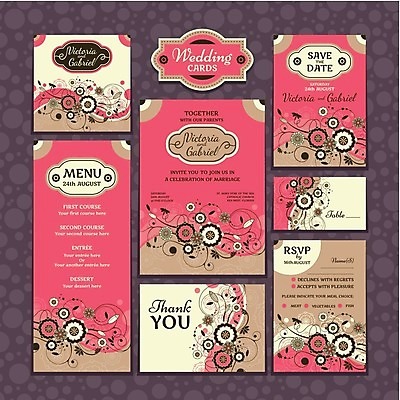 EPS 해외이미지 디자인 꽃 줄기 분홍색 결혼 잎 일러스트 프레임 사람없음 세트 사각형 청첩장 해외202004 해외202105 해외일러스트 도형 식물 컬러 카드_감사 이벤트 파일형식 벡터