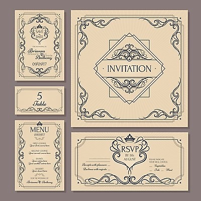 EPS 해외이미지 디자인 결혼 일러스트 왕관 프레임 사람없음 세트 사각형 빈티지 청첩장 복고 엔틱문양 베이지색 해외202004 해외202105 해외일러스트 도형 문양 컬러 컨셉 카드_감사 이벤트 파일형식 벡터