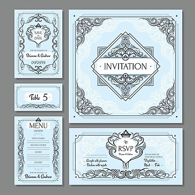 EPS 해외이미지 디자인 하늘색 결혼 무늬 일러스트 왕관 프레임 사람없음 세트 사각형 빈티지 청첩장 복고 엔틱문양 해외202004 해외202105 해외일러스트 도형 문양 컨셉 카드_감사 이벤트 파란색 파일형식 벡터