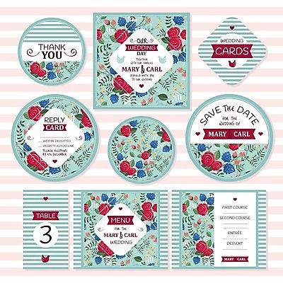 EPS 해외이미지 디자인 꽃 결혼 일러스트 프레임 사람없음 세트 하트 원형 청첩장 마름모 민트색 해외202004 해외202105 해외일러스트 모양 도형 식물 컬러 카드_감사 이벤트 파일형식 벡터