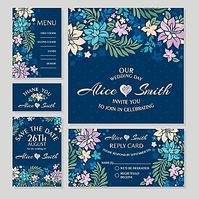 EPS 해외이미지 무료이미지 템플릿 꽃 잎 일러스트 결혼식 사람없음 세트 하트 빈티지 남색 청첩장 초대장 해외202004 해외202105 해외일러스트 모양 식물 컬러 결혼 컨셉 카드_감사 파일형식 벡터 무료콘텐츠