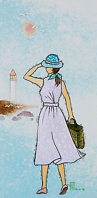 JPG 동물 모자 여자 바다 여행 백그라운드 가방 일러스트 갈매기 조류 등대 한명 사람 해변 시화 여자만 여자한명만 국내일러스트 1 잡화 파일형식