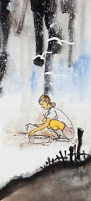 JPG 동물 여자 백그라운드 밭 일러스트 조류 한명 사람 성인 울타리 바구니 농기구 시화 밭일 호미 여자만 여자한명만 성인여자만 성인만 국내일러스트 1 농업 담장 파일형식