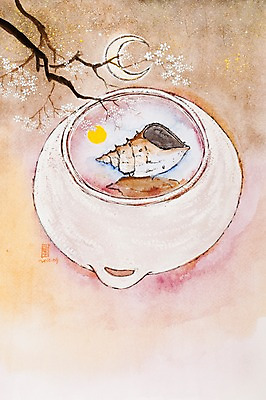 JPG 식물 그릇 꽃 백그라운드 일러스트 사람없음 보름달 달 나뭇가지 소라 초승달 시화 국내일러스트 자연요소 나무 식기 어패류 파일형식