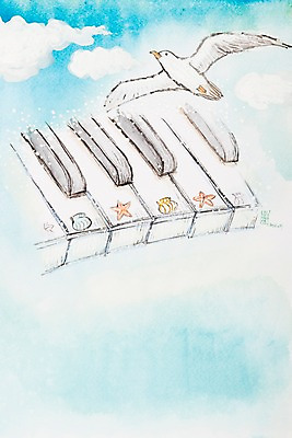 JPG 동물 구름 한마리 악기 백그라운드 일러스트 조류 하늘 조개 불가사리 사람없음 비행 건반 건반악기 시화 국내일러스트 자연요소 1 음악 어패류 극피동물 파일형식