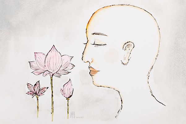 JPG 식물 꽃 종교 분홍색 백그라운드 불교 일러스트 연꽃 한명 사람 승려 시화 국내일러스트 1 컬러 성직자 파일형식