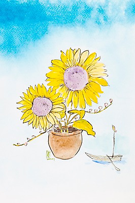 JPG 식물 동물 꽃 화분 백그라운드 일러스트 조류 해바라기 사람없음 노란색 꽃병 두송이 시화 노 선박 국내일러스트 컬러 수상교통 2 파일형식