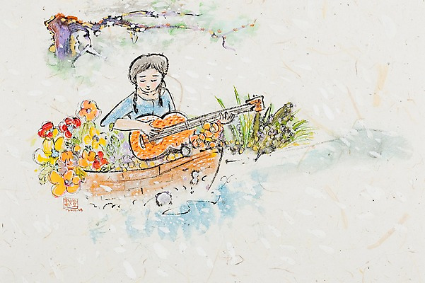 JPG 식물 여자 꽃 호수 악기 백그라운드 연주 일러스트 현악기 한명 사람 강 나뭇가지 기타 시화 선박 여자만 여자한명만 국내일러스트 나무 1 음악 수상교통 파일형식