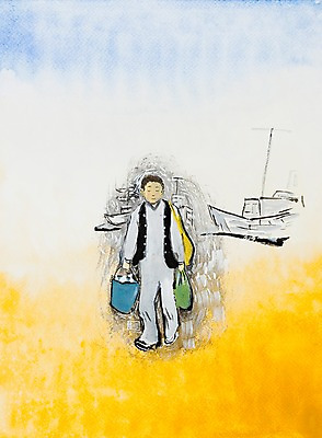 JPG 남자 백그라운드 일러스트 어류 한명 사람 성인 어부 양동이 시화 어촌 선박 남자만 남자한명만 성인남자만 성인만 국내일러스트 직업 1 수상교통 수중동물 시골 파일형식