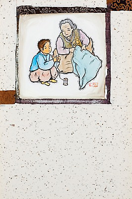 JPG 여자 노년 남자 할머니 어린이 백그라운드 일러스트 손자 사람 소년 성인 두명 공백 직물 바늘 실 전통의상 한복 바느질 천 시화 손주 실타래 국내일러스트 한국전통 전통 가족 도구 파일형식