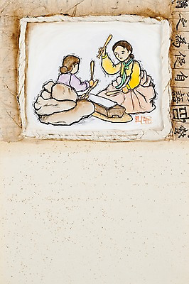 JPG 여자 백그라운드 일러스트 사람 성인 두명 공백 방망이 직물 끈 전통의상 한복 천 시화 노끈 다듬이 다듬이돌 여자만 성인여자만 성인만 국내일러스트 한국전통 전통 줄 파일형식