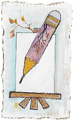 JPG 백그라운드 일러스트 나뭇잎 사람없음 연필 나뭇가지 시화 이젤 캔버스 도화지 골판지 국내일러스트 나무 종이 잎 학용품 필기구 미술도구 파일형식