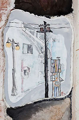 JPG 길 백그라운드 가로등 일러스트 주택 사람없음 건물 전선 골목길 시화 전봇대 국내일러스트 건축물 공공시설 파일형식