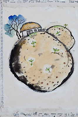 JPG 나무 식물 백그라운드 일러스트 주택 초가집 사람없음 울타리 새싹 공백 시화 국내일러스트 한옥 건물 담장 파일형식