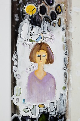 JPG 여자 꽃 백그라운드 일러스트 조류 한명 사람 태양 나뭇가지 시화 여자만 여자한명만 국내일러스트 자연요소 나무 식물 동물 1 파일형식