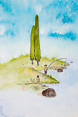 JPG 나무 식물 계절 여자 남자 어린이 백그라운드 일러스트 자연 하늘 낚시 사람 풍경 소녀 소년 두명 여름 강 돌_바위 시화 어린이만 국내일러스트 레저 생태계 파일형식