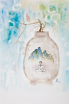 JPG 식물 남자 화분 백그라운드 일러스트 상상 산 한명 사람 앉기 성인 꽃병 시화 명상 남자만 남자한명만 성인남자만 성인만 국내일러스트 1 꽃 모션 파일형식