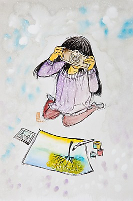 JPG 여자 어린이 백그라운드 일러스트 한명 사람 소녀 카메라 사진촬영 물감 붓 그리기 시화 스케치북 그림 도화지 기념사진 여자만 여자한명만 어린이만 소녀만 소녀한명만 국내일러스트 1 종이 모션 학용품 전자제품 촬영 미술도구 파일형식