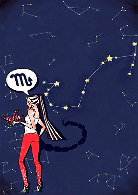 PSD 동물 캐릭터 한마리 여자 별 일러스트 하늘 그림자 한명 서기 사람 별자리 전갈 심볼 별자리캐릭터 꼬리 전갈자리 여자만 여자한명만 일러캐릭터 자연요소 1 절지류 모션 파일형식