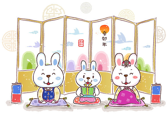 EPS 동물 캐릭터 동물캐릭터 일러스트 가족 전통캐릭터 근하신년 새해 세마리 선물 미소 웃음 사람없음 새해인사 십이지신 토끼띠 토끼 인사 절 전통의상 한복 신년캐릭터 토끼캐릭터 청사초롱 세배 병풍 신묘년 새해선물 국내일러스트 일러캐릭터 한국전통 전통 포유류 관계 표정 3 반려동물 예절 절_인사 2011년 초롱 파일형식 벡터 명절선물