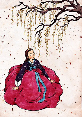 PSD 나무 한국문화 한국전통 전통 여자 일러스트 한명 사람 앉기 나뭇가지 전통의상 한복 버드나무 여자만 여자한명만 국내일러스트 식물 1 동양문화 모션 한국 파일형식